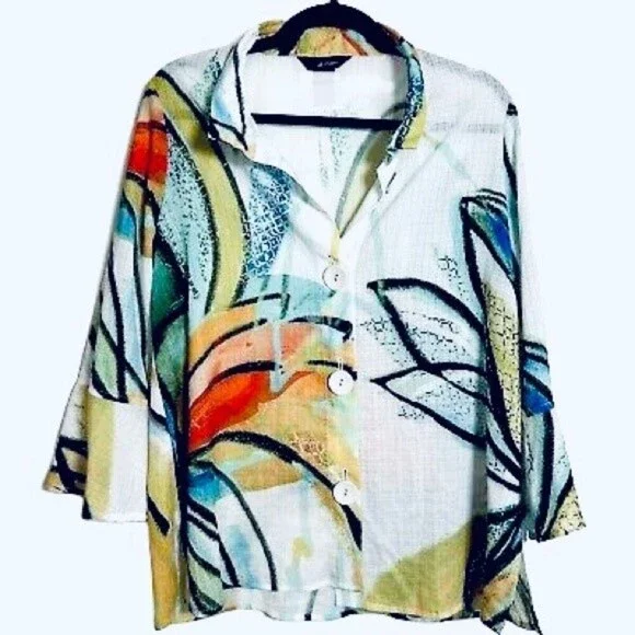 Ali Miles Artsy Graphic Tropical Floral Lightweight Tunic Button Down Top - Picture 3 of 11